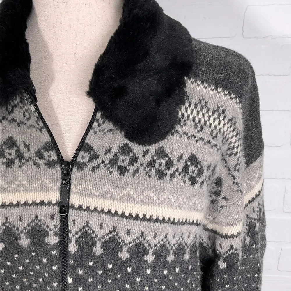 Croft & Barrow Cardigan Women Medium Beige Gray Fair‎ Isle Lambswool Winter VTG